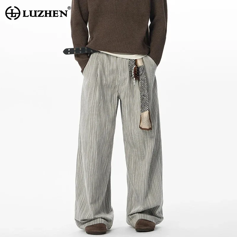 

LUZHEN 2026, новые оригинальные полосатые текстурированные свободные прямые брюки, мужские красивые повседневные брюки с эластичной резинкой на талии, мужская одежда JY5801