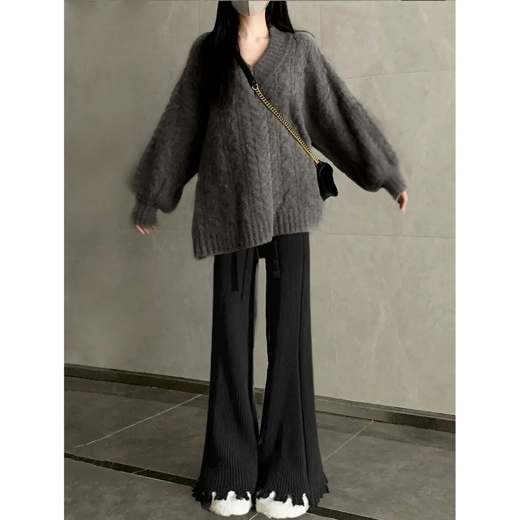 الكورية Sle سترة V-Ne عالية الخصر متوهج السراويل قطعتين مجموعة كسول Sle أوائل الخريف حجم كبير لباس نسائي غير رسمي