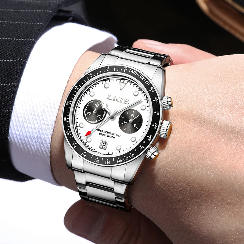 LIGE New Luxury Fashion Mens Watch Business Casual Auto Calendar Stainless Waterproof  Man Chrongraph Luminous Quartz Wristwatch