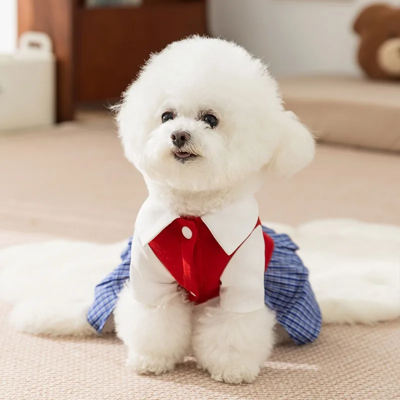

Classic Checkered Dog Skirt Shirt Collar Pet Clothing Autumn Puppy Warm Clothing Fashionable Dress for Bichon Frise