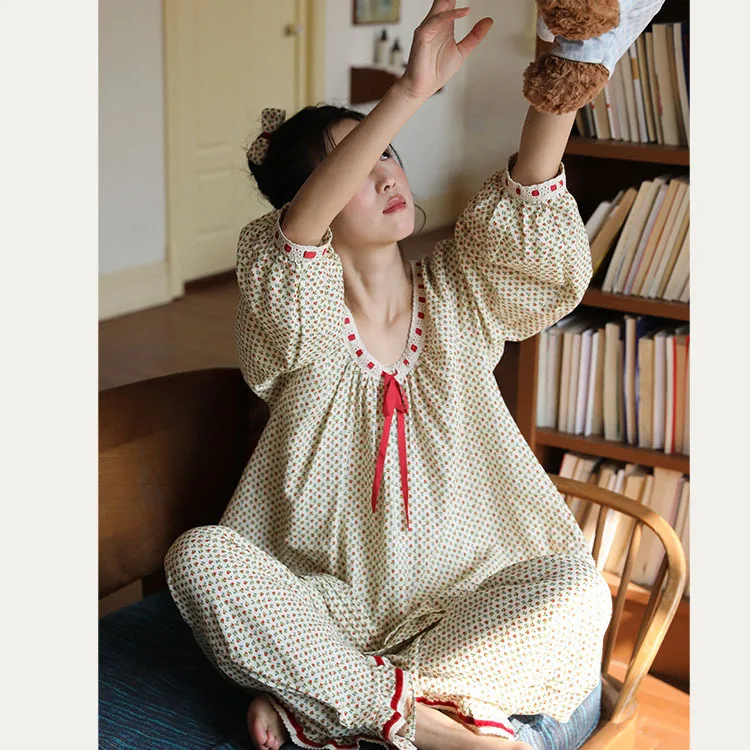 Women 100% Cotton Pajamas Set Rose Floral Printing Sweet Girl's Home Wear Loose Fit Cute 2 Pieces Loungewear Pyjamas Long Sleeve