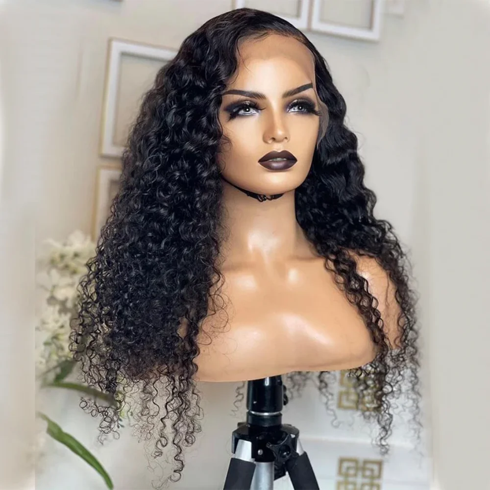

26-дюймовые черные кудрявые парики с кружевной передней частью 13*4*1, плотность 180%, для женщин, с эффектом натуральных волос, из синтетического волокна, для повседневной носки.