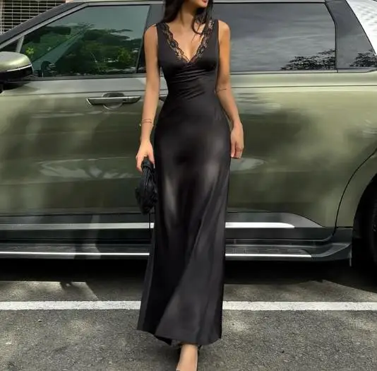 Summer New Elegant and Sexy Lace Patchwork Solid Color Deep V-Neck Waist Cinched Backless Lace Up Sleeveless Women's Dress