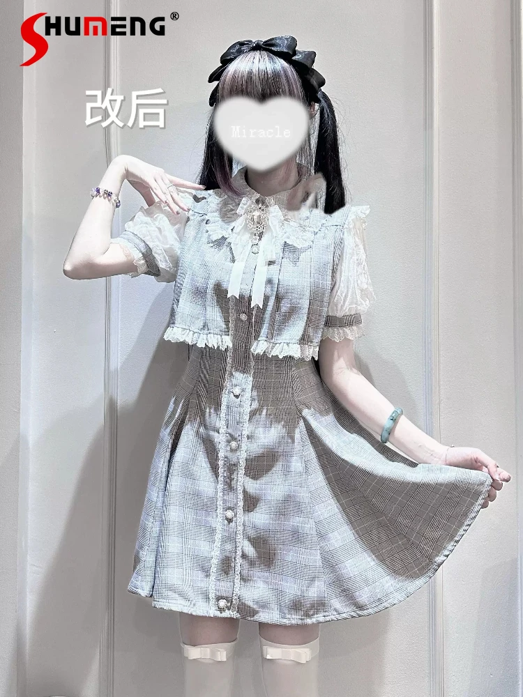 

Original Japanese Mine Style Mass-produced Subculture Cape Collar Short Sleeve Single-breasted Sweet Plaid Dress Women Summer