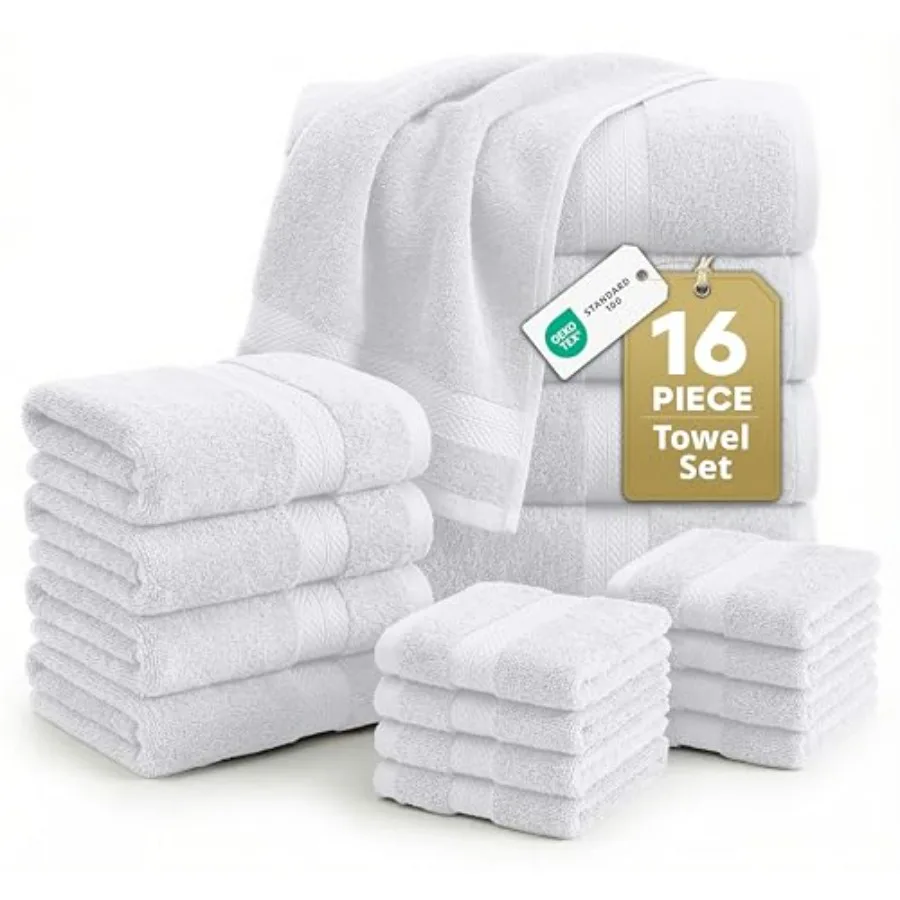 Bathroom use, 100 cotton, white, super soft, highly absorbent quick dry bath towel set with 4 bath towels, 8 washcloths, 4 hand