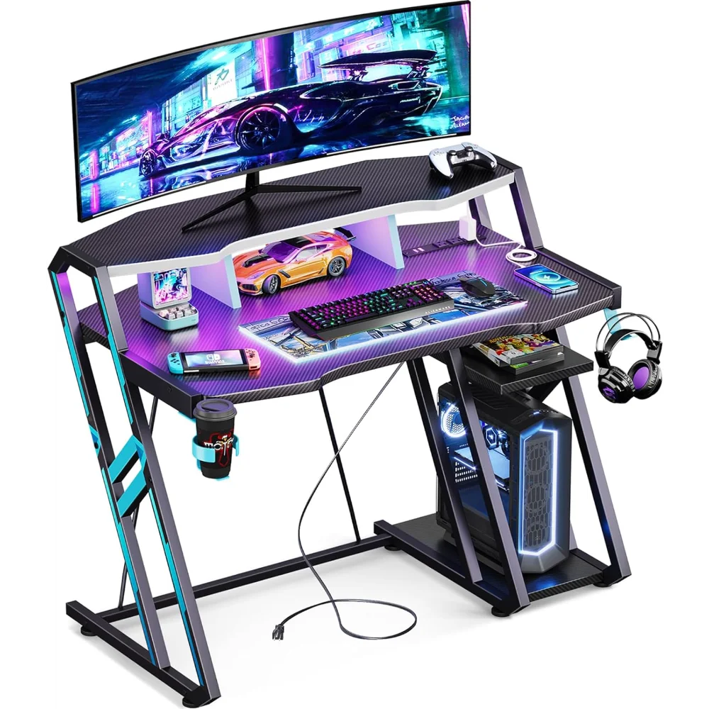 Gaming Desk with Power Outlet & LED Lights, Gaming Computer Desk 39inch with PC Storage Shelf, Gaming Table