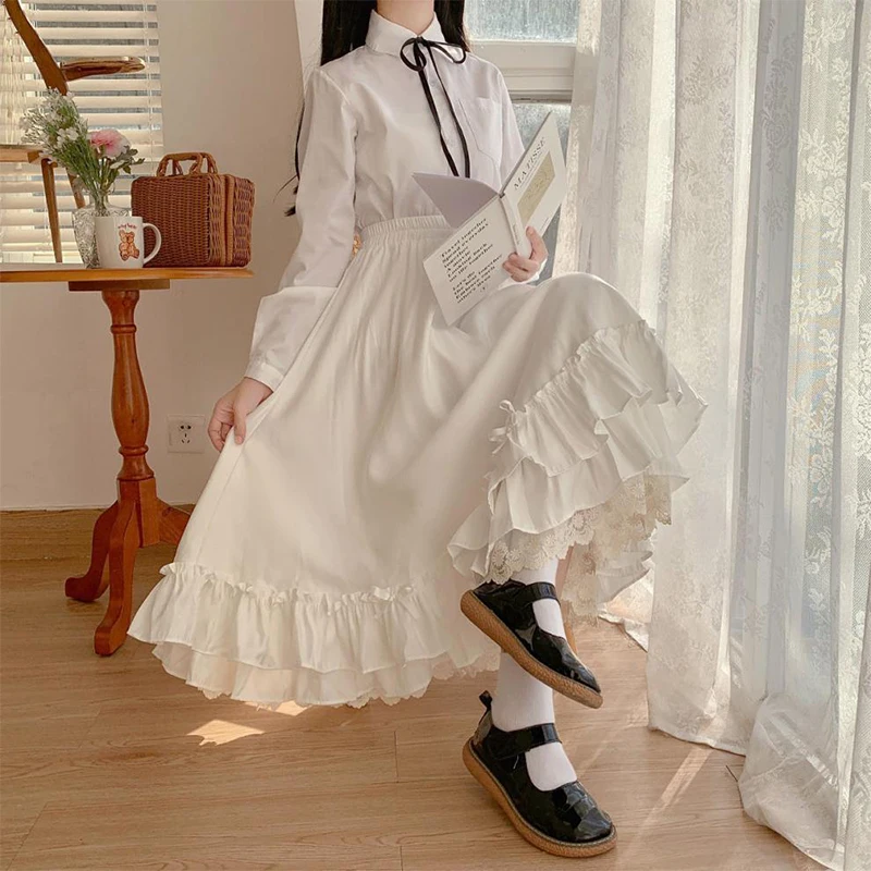 White Long Skirts Women Japanese Style Lace Double Layer Skirt Female Fashion Sweet Loose Half Skirt Preppy Ruffled A-line Skirt