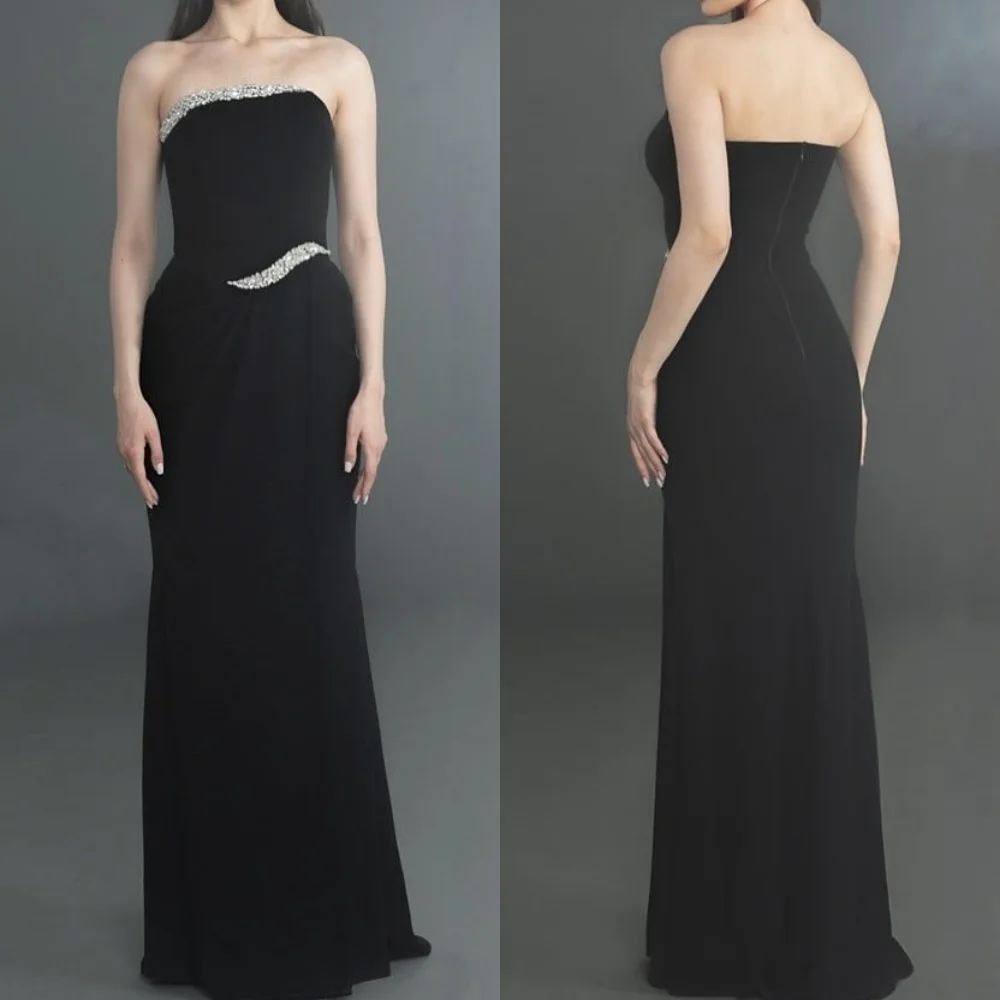 

Customized Jersey Sequined Pleat Strapless A-line Long Dresses Bespoke Occasion Simple Elegant Formal Evening