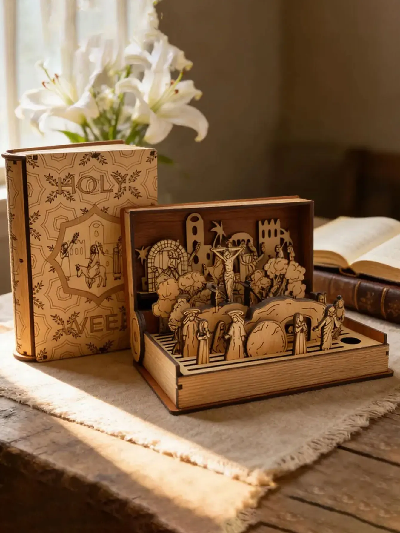 1 ensemble de décorations de scène de la Résurrection de Pâques, livre diorama en bois DIY pour la Semaine Sainte, décoration de table familiale, de bureau ou de maison, cadeau religieux