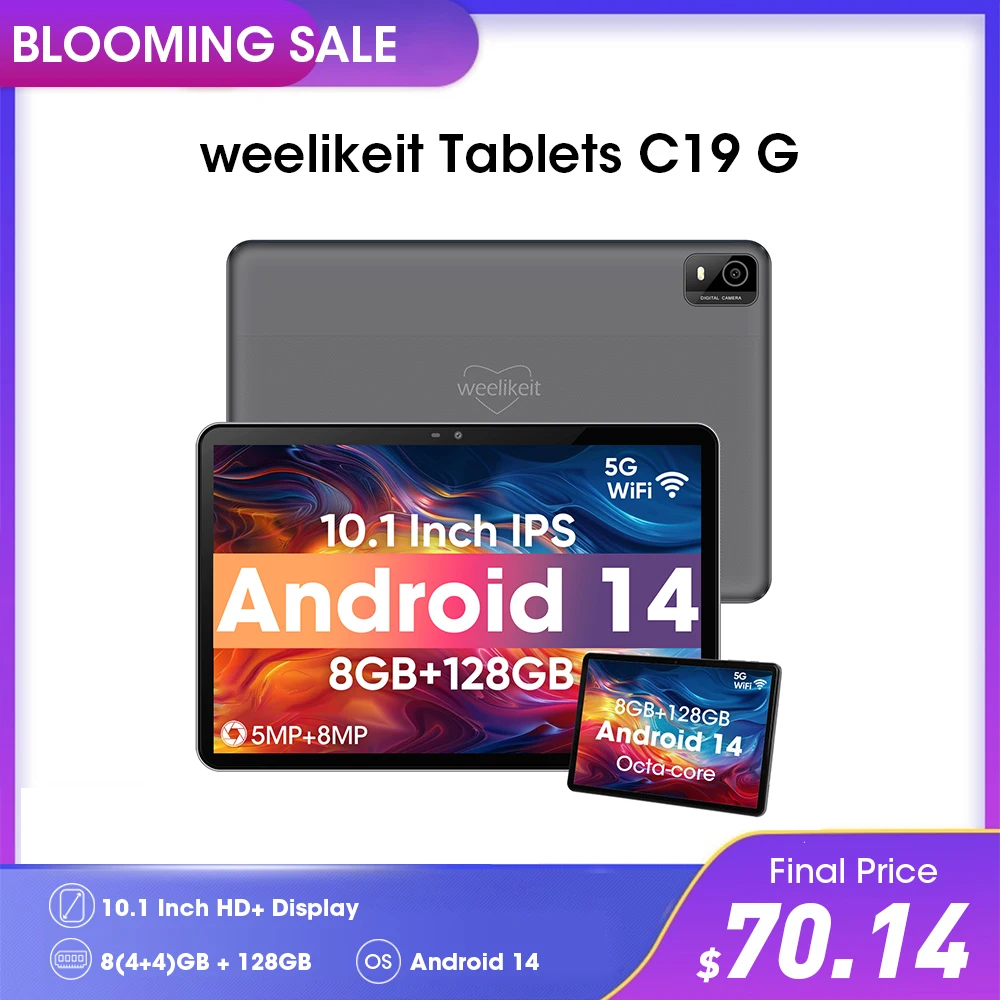 weelikeit 2024 태블릿 10인치, 안드로이드 14 태블릿, 128GB+512GB 확장, 2.0GHz 프로세서, HD IPS 터치스크린, 6000mAh 배터리, 5G/2.4G 듀얼 WiFi, BT 5.0, 분할 화면 지원, 듀얼 카메라