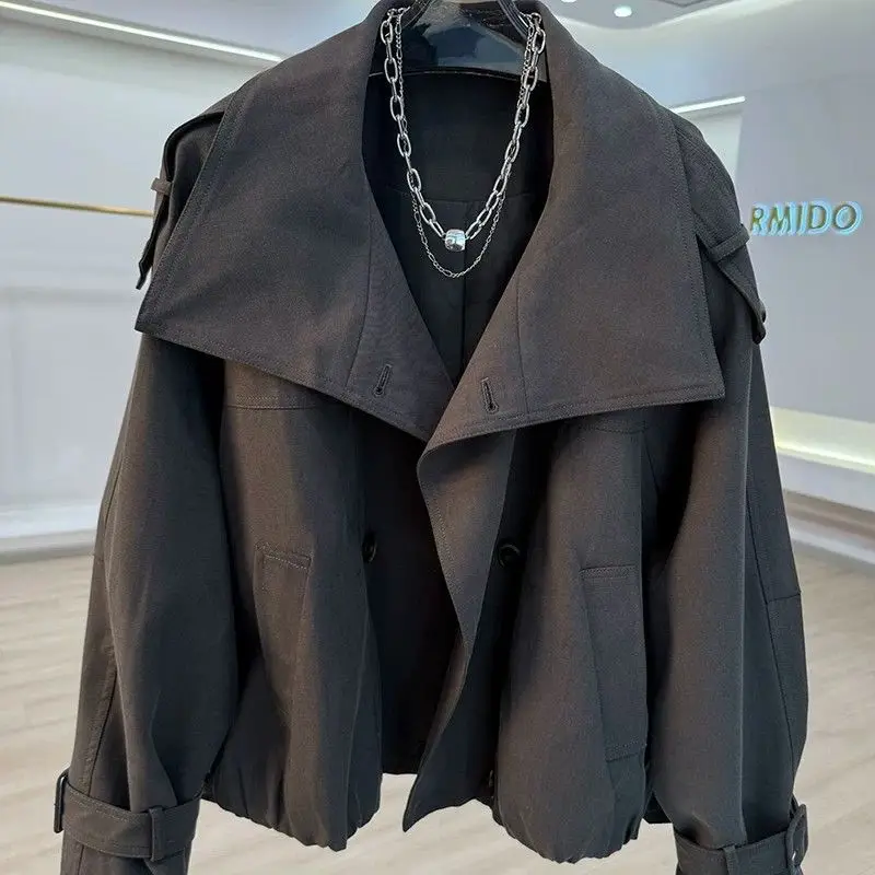 Korean Vintage Long Sleeve Trench Solid Color British Style Cropped Coat Women Casual Y2k Petite Jacket Autumn Winter 2026