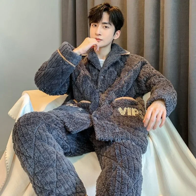 Winter New Coral Fleece Three-Layer Quilted Men Pajamas Fleece-lined Thicken Youth Flannel Warm Loungewear Large Size Sleepwear