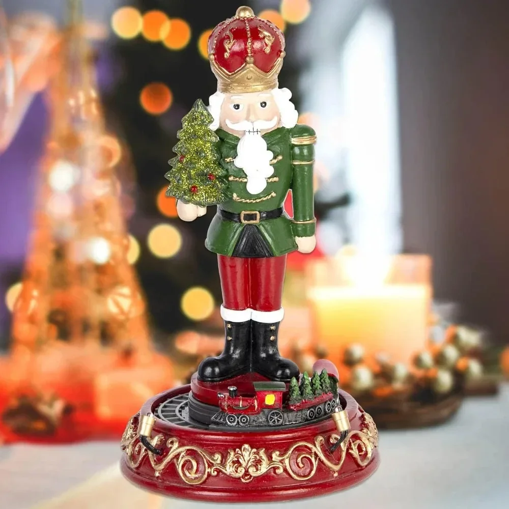 Christmas Village Accessories Decoration Nutcracker Figure and Rolling Train Collectible Figurine with Music LED Light Ornaments