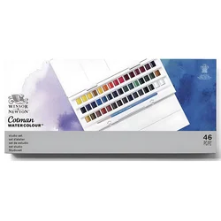 Winsor & Newton Cotman Solid Watercolor Paint Set Full Color 45 Pieces Half Tray With Brush Artist Portable Painting Supplies