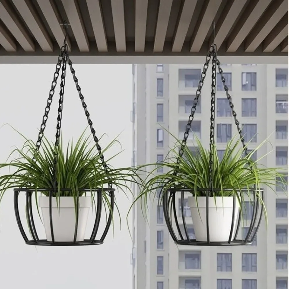 

Gardening Pot Iron Hanging Planter Hanger with Chain Vintage Style Flower Pot Holder Durable Round Metal Hanging Basket Patio