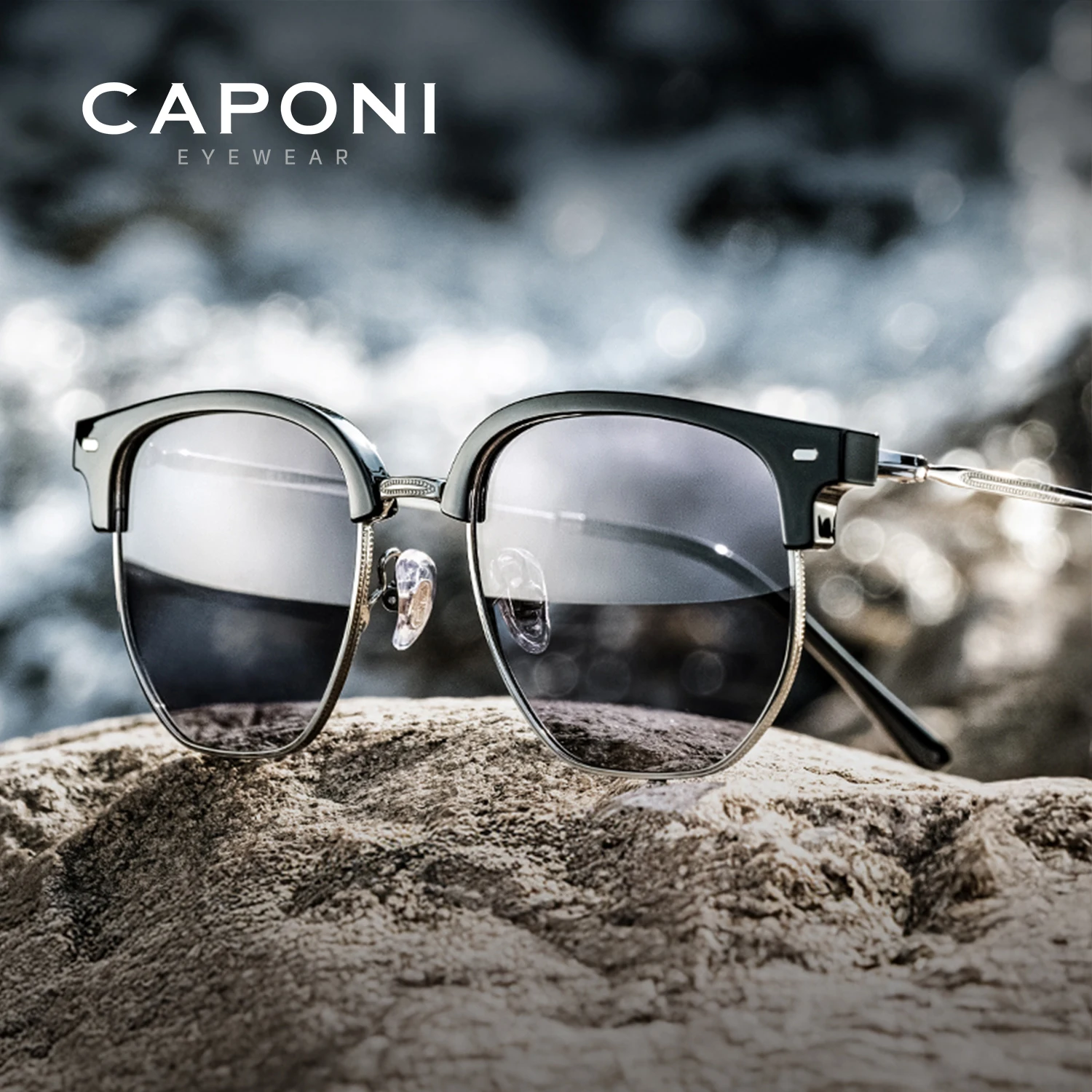CAPONI Men Sunglasses Fashion β Titanium Photochromic Polarized Sun Glasses For Men Protect UV Ray Driving Black Shades BS4416