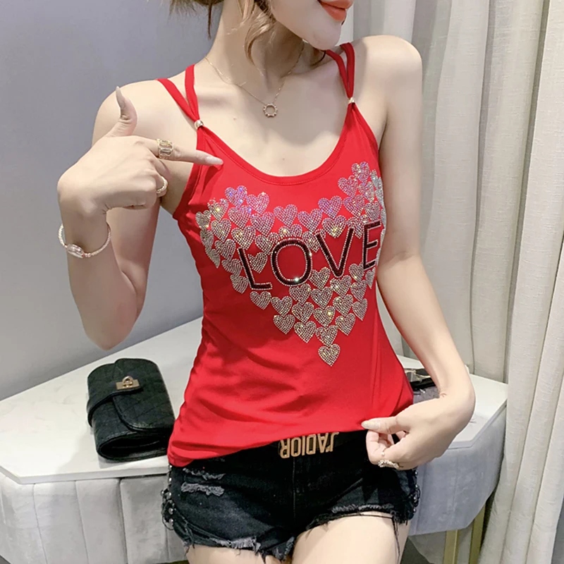 Summer Women's Strap Vest Diamond Embellied Slim Fit Base Layer Tank Top Outerwear Suit Underwear Svel Faionable