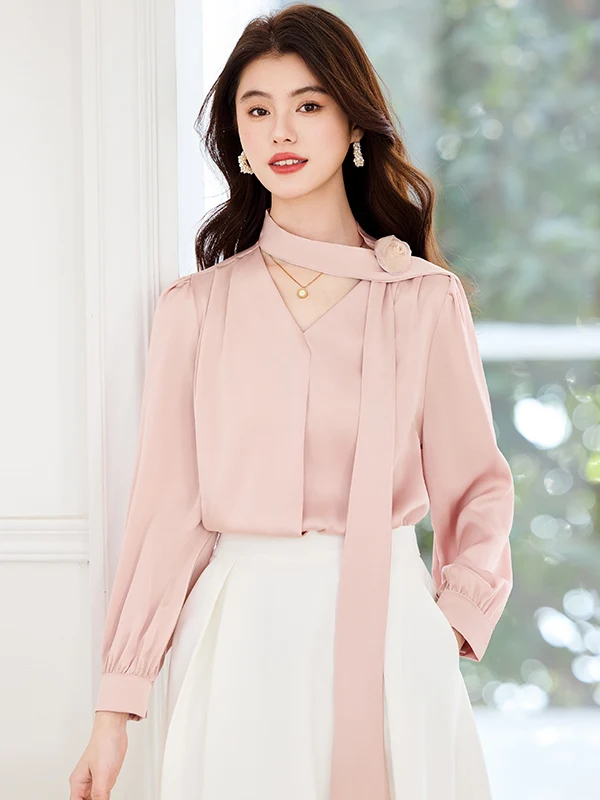 

Elegant Satin Shirt Women's Early Spring New Style Loose Long Sleeve Korean Version OL Shirt Fashionable Lady's Gentlewoman Wind