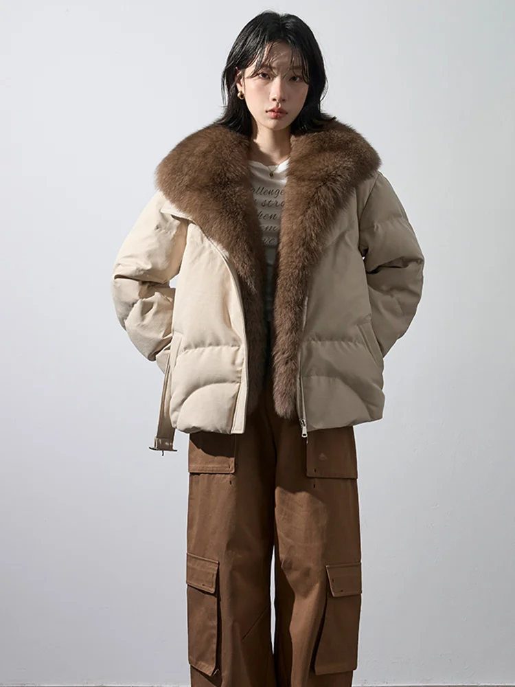 Parka à col en fourrure de renard naturelle pour femme, veste bouffante de luxe avec ceinture, doudoune d'hiver en duvet d'oie, vêtements décontractés, nouvelle mode