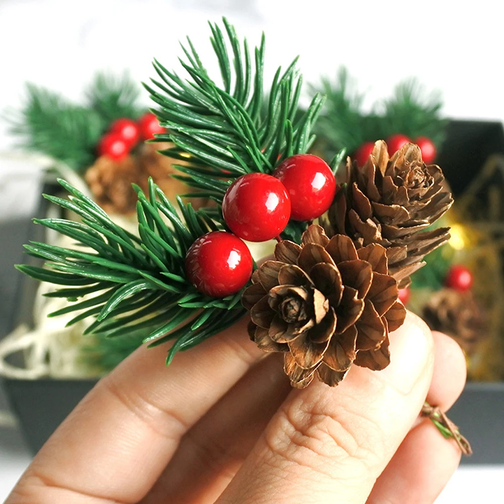 

20Pcs Pine Cones Berry Pine Needles Stems Picks Artificial Christmas Berries Garland Wreath Holiday Decor Fake Tree Branches