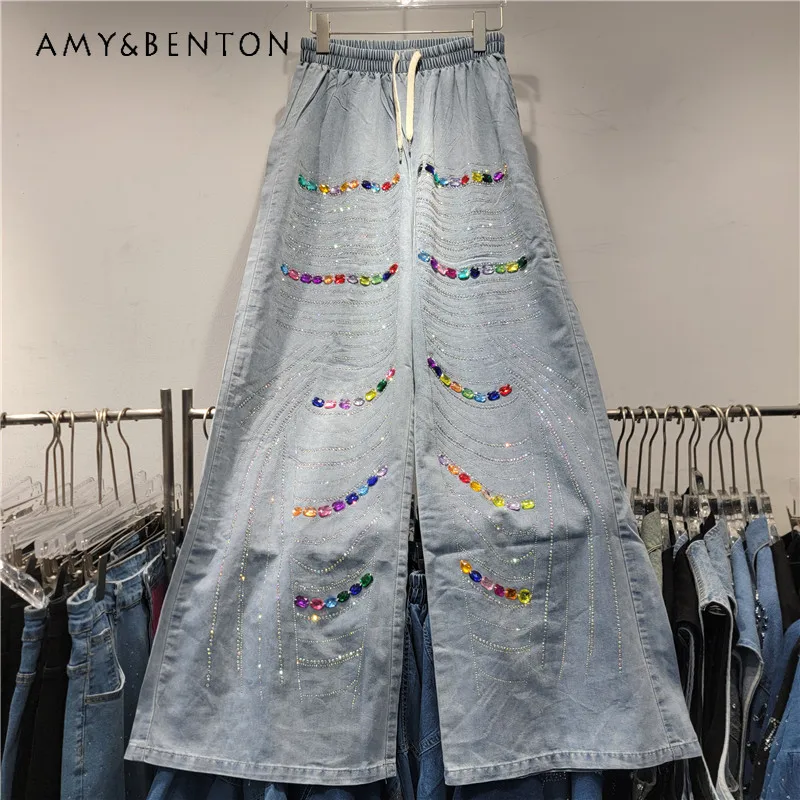 2025 ربيع الخريف جديد الصناعة الثقيلة الملونة حجر الراين الدنيم قميص طويل الأكمام مجموعات الشارع الاتجاه جان السراويل قطعتين مجموعة