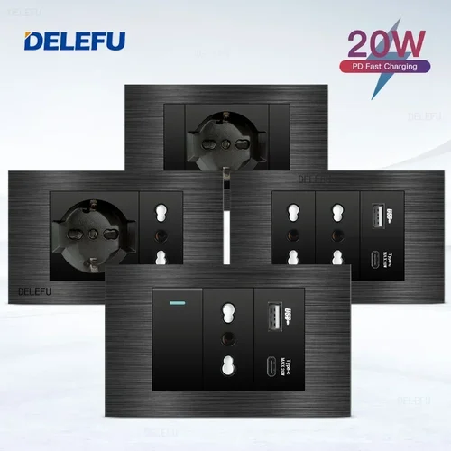 Imagen 1 del producto DELEFU cable de aluminio negro Italia USB TypeC enchufe de pared de carga rápida Schuko Tuya Wifi interruptor inteligente Sat TV Tel timbre cortina