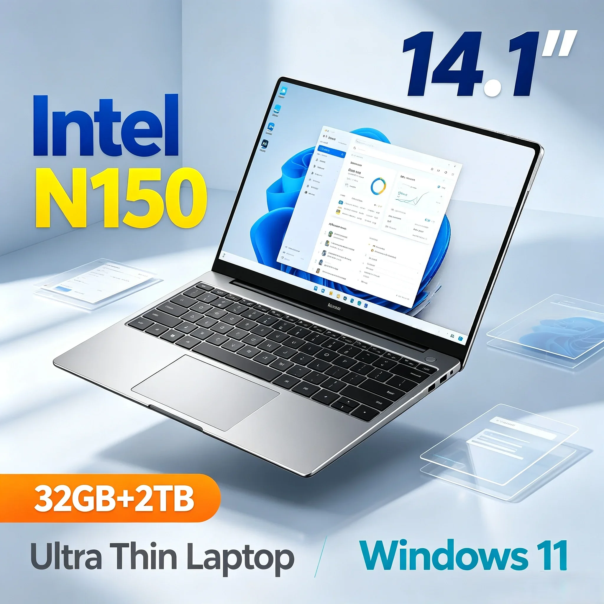 14.1'' Inch Office Working Notebook PC Intel N150 32GB RAM 1TB 2TB SSD HD Display Windows11 Laptop For Student Home Office