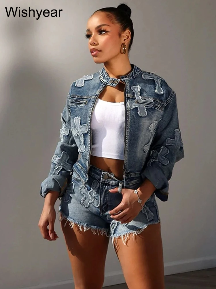 Fashion Embroidery Tassel Jeans Two Piece Pants Set Women Long Sleeve Jackets Tops and Bodycon Shorts Stretch Denim Street Suits