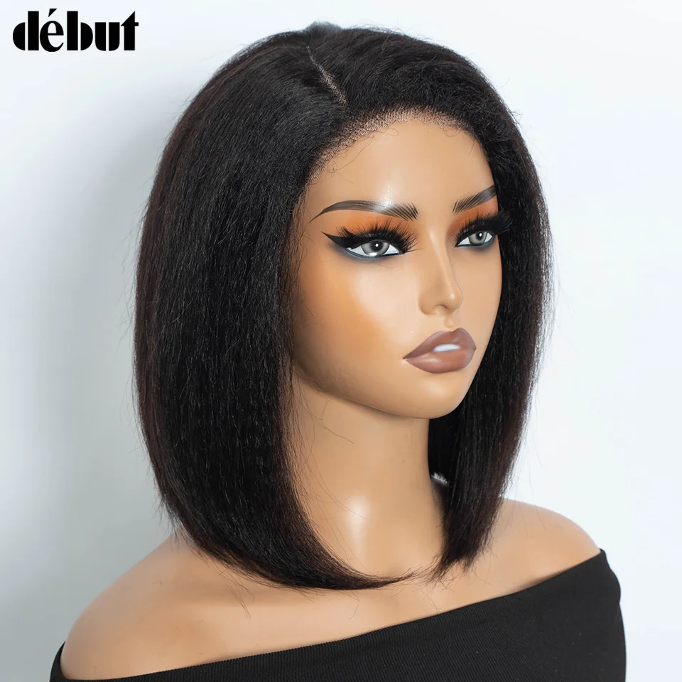 

Kinky Straight Bob Side Part Human Hair Lace Wig Pre Plucked 12inches Natural Hairline Wig Natural Black Color Glueless Wigs