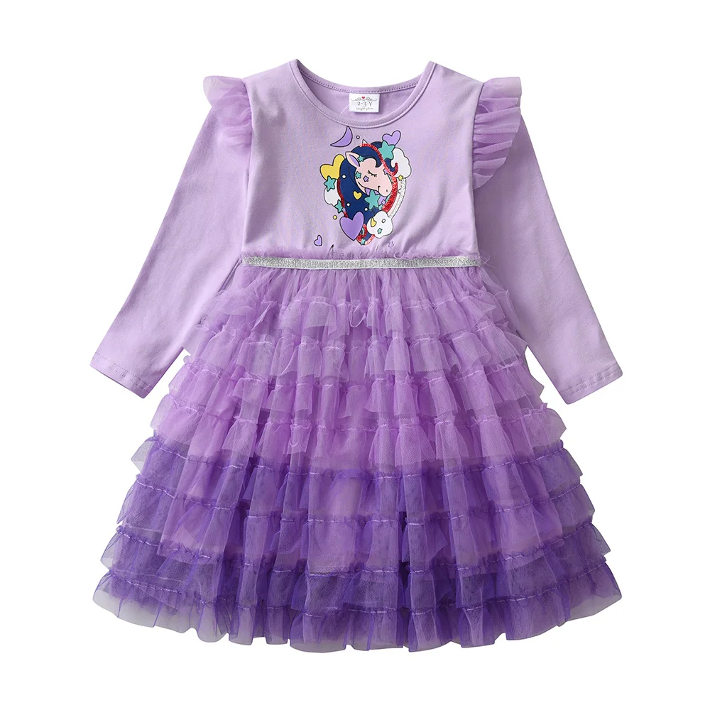 VIKITA Girl Flare Sleeve Dresses Kids Unicorn Princess Dress Girls Purple Mesh Tulle Birthday Party Performance Layered Dress