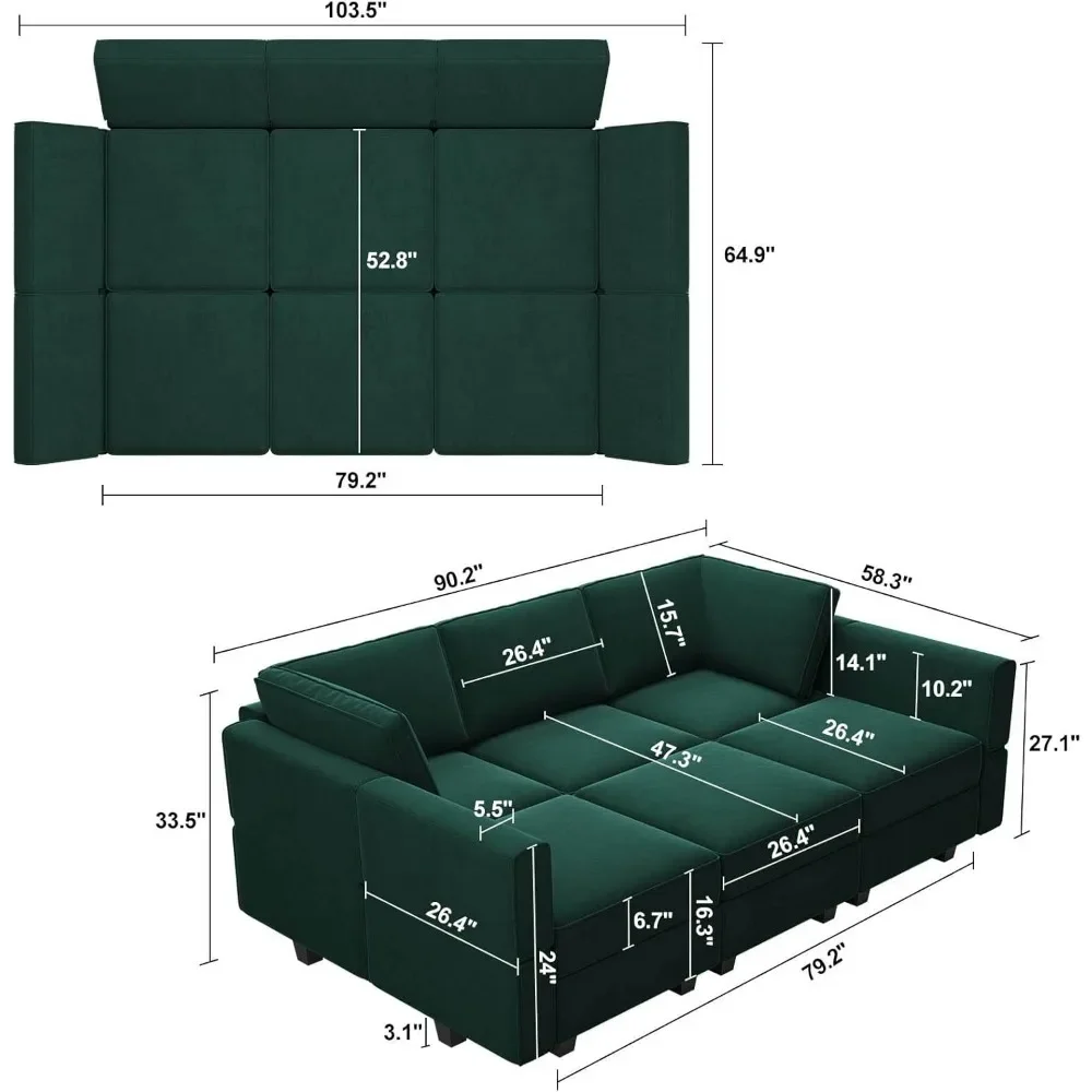 Velvet Sectional Sofa with Chaise Lounge Sectional Sleeper Sofas with Storage Chaise Sofas Bed Couch for Living Room Green, Sofa