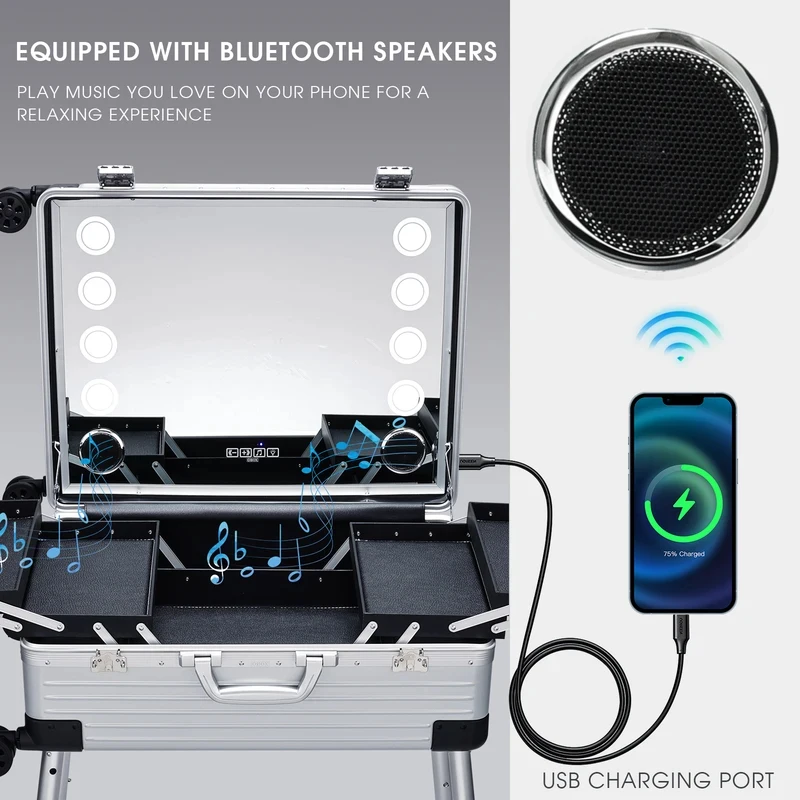 24'' Rolling Makeup Case With Full Screen Lighted Mirror Bluetooth Speaker Aluminum Barber Trolley Case Hair Salon Station