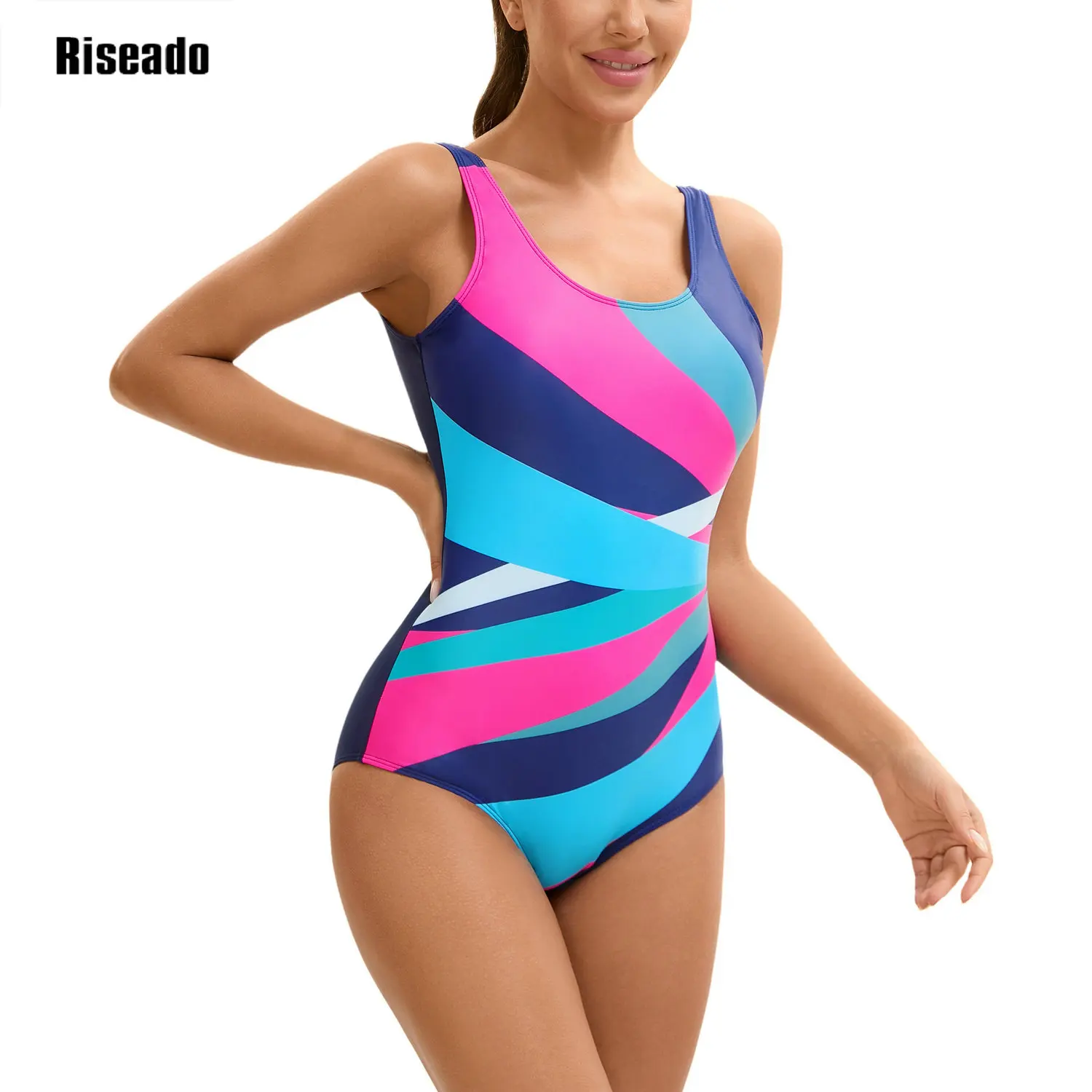 Riseado One Piece Swimsuit Athletic Bathing Suits Training Sport Swimwear for Women Color Block Monokini Multicolor