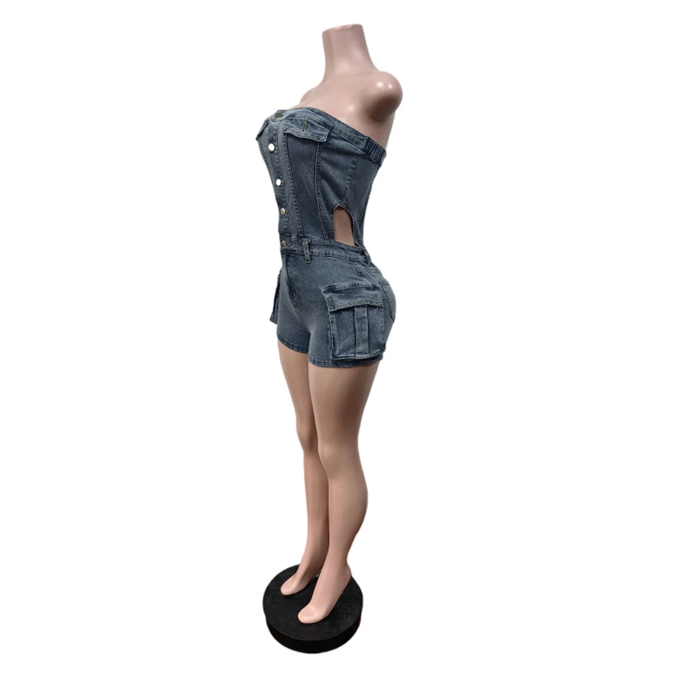 2026 Neuer Trendiger Damen-Jeans-Romper Schulterfreier Modischer Overall mit Taschen-Patchwork Stretch-Jeans Lässiger Vintage Bodycon Jumpsuit – Detail 7