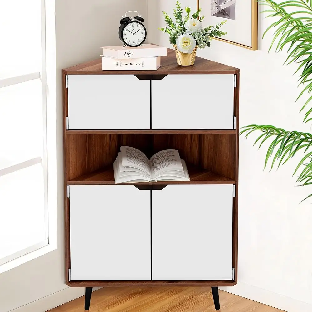 

Corner Cabinet With Doors And Shelves, 3-Tier Freestanding Floor Corner Storage Cabinets For Small Space, Bathroom, Living