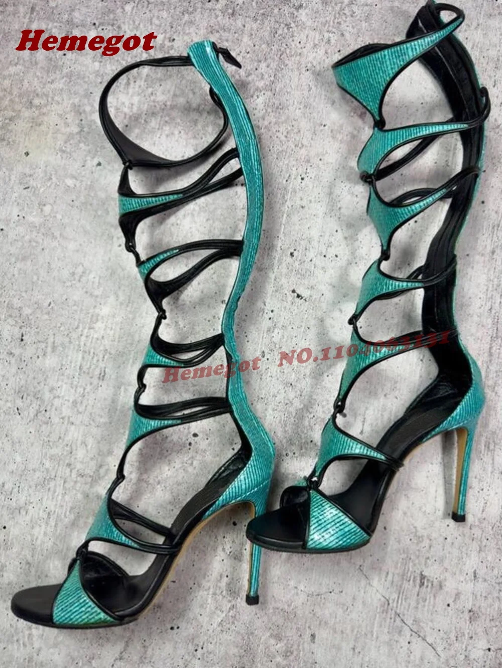 Turquoise Lizard Print Gladiator Heels Hollow Out Stiletto Heels Women's Sandals Patchwork Summer Runway Shoes Concise Elegant view 3