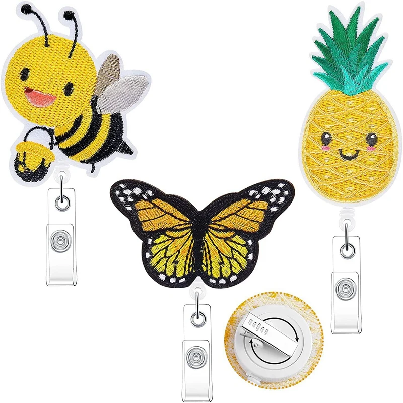 3 PCS Retractable Badge Clip Felt Pineapple Bee Butterfly Cute Badge Holders With Alligator Clip For ID Name Tag Card