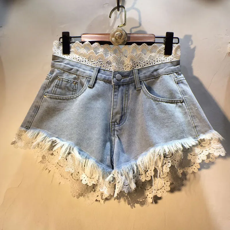 

2025 Summer New Splicing Hook Lace Lhigh Waist Thin Burr Denim Shortsfor Ladies , Super Fashion Hot Pants for Women
