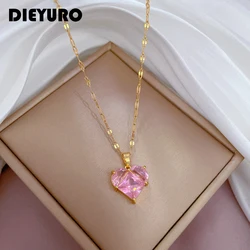 DIEYURO 316L Stainless Steel Heart Pink Zircon Pendant Necklace For Women New Girls Clavicle Chain Party Birthday Jewelry Gifts