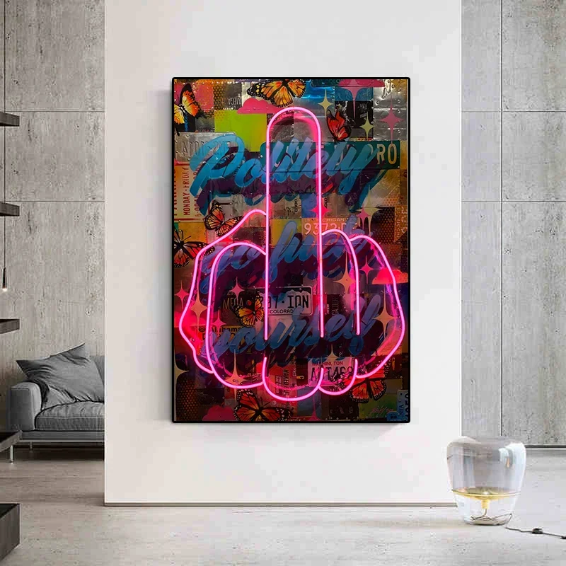 1pc frameless Classic Abstract Wall Art Neon Design Middle Finger Painting HD Canvas Printed Poster Home Living Room Bedroom Dec