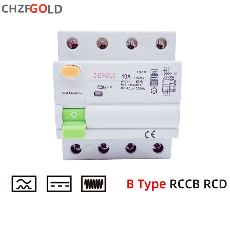 Pojazd elektryczny EV Ładowarka Wyłącznik różnicowoprądowy DC RCCB RCD 2P/4P 63A 30mA Typ B 6KA CHZFGOLD Szyna Din Uniknięcie uziemienia