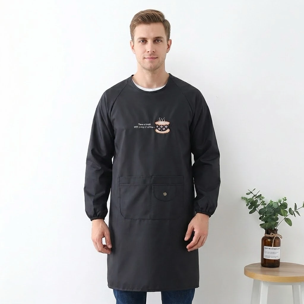 Adult Female Waterproof Apron Long-Sleeved Oil-Proof Coverall for Home Kitchen Cute Japanese Fashion Design Smock