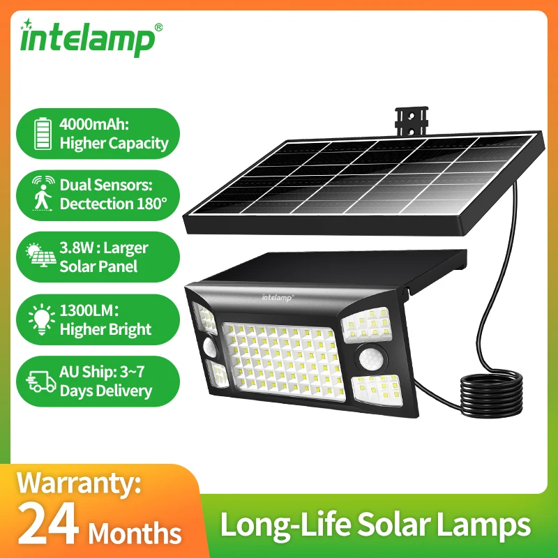 Lámparas solares para exteriores Intelamp 2000LM 8000mah con dos sensores de movimiento, panel solar más grande, lámpara solar IP65 para calle, jardín, camino