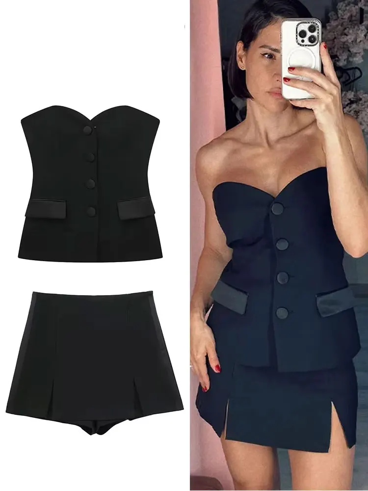 

2024 Summer New Woman Solid Shorts Set Pockets Slim Tube Corset Top + Commue Office Lady Wild Women's Culottes Streetwear