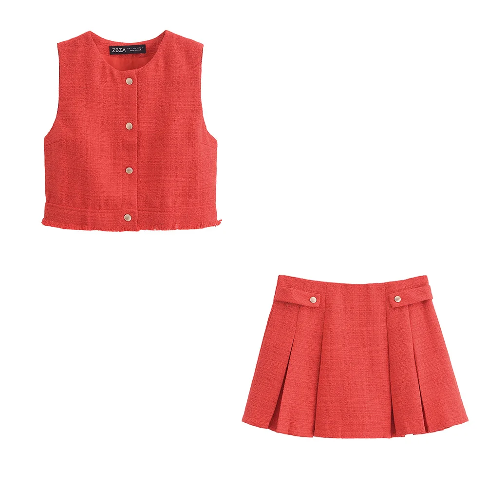 

2025 boutique women's casual and elegant design, European and American style round neck sleeveless short vest&skirt set