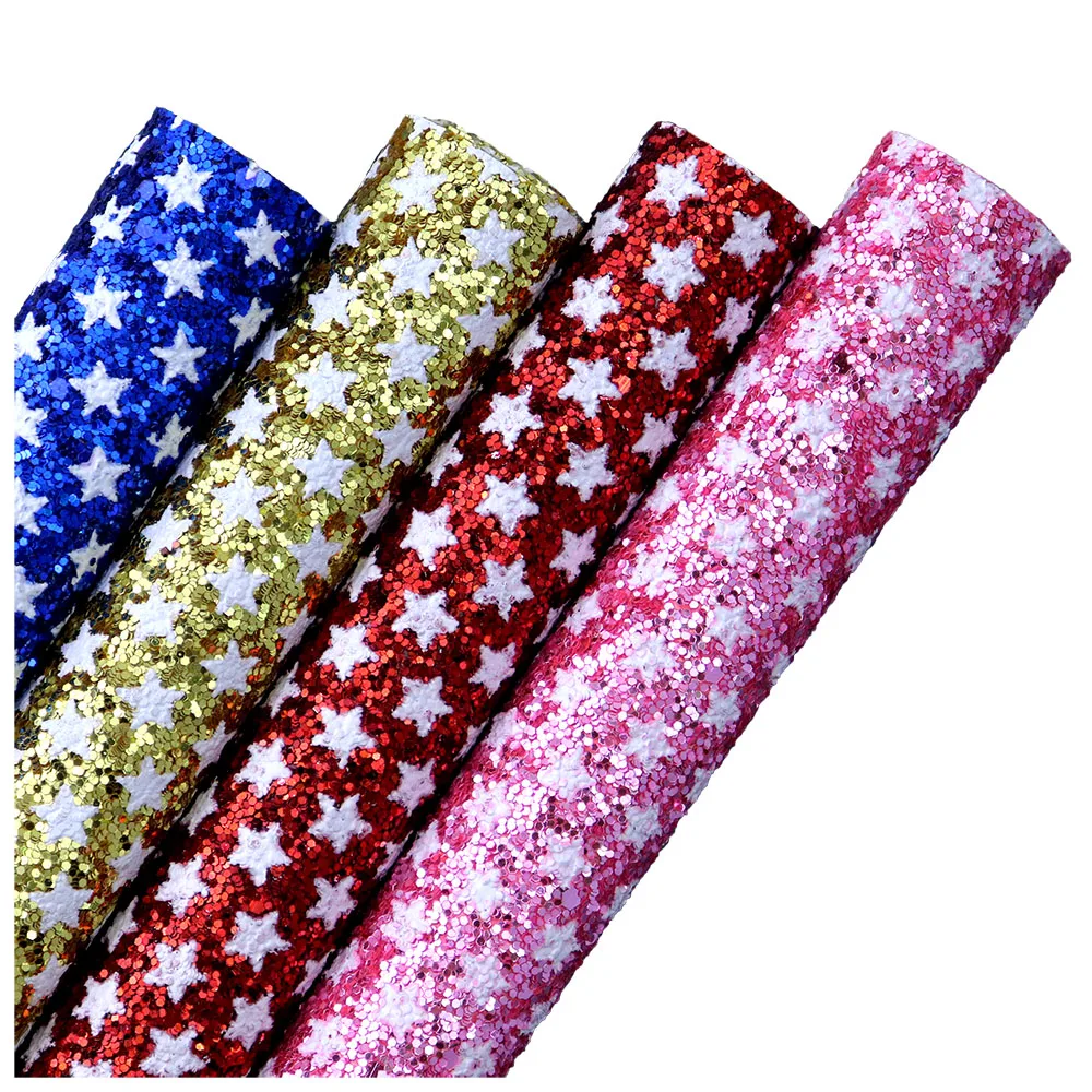 30x134cm Roll White Stars With Red Blue Chunky Glitter Fabric Leather For Hair Bow Earring Home Decoration DIY AY263