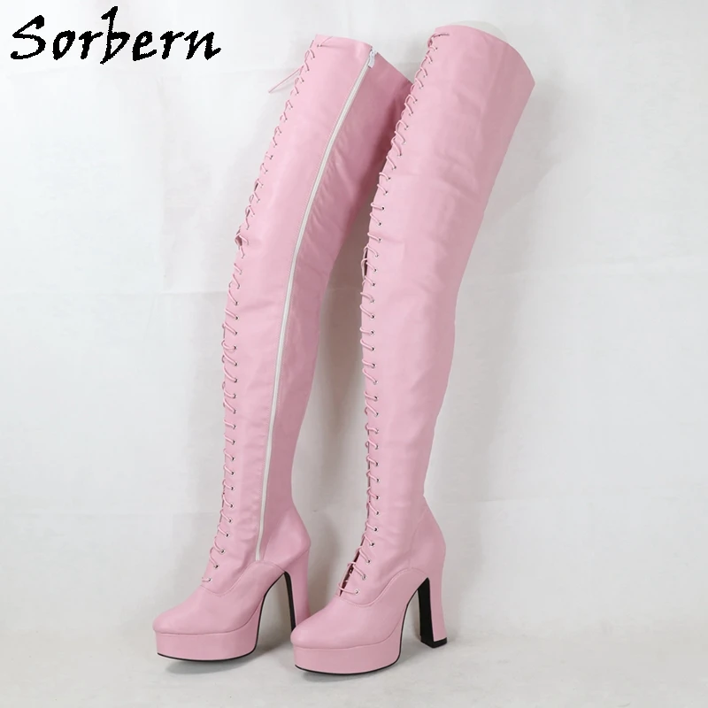 Sorbern Baby Pink Long Boots For Women Block High Heel Round Toe Platform Shoes Lace Up Over The Knee Comfortable Shoes Custom