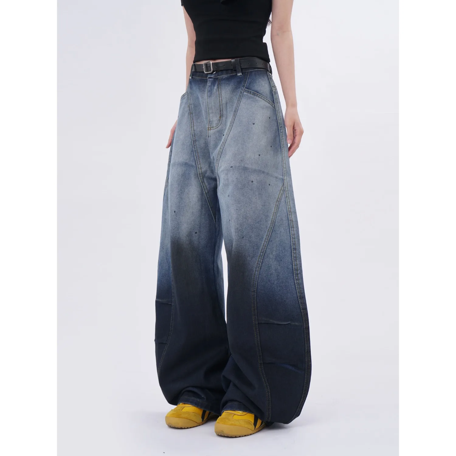 Damskie jeansy retro z gradientem, rozpryskami tuszu, luźne, z szerokimi nogawkami i zakrzywionym dołem, spodnie dżinsowe na wiosnę i jesień.