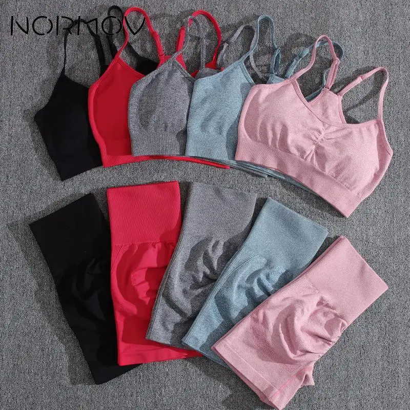 NORMOV-Conjunto de Treino De Duas Peças Para Mulheres, Conjunto De Ioga Sólido, Fato De Treino Sem Costura, Booty Shorts Esportivos, Push Up, Nádegas De Pêssego, Ginásio Shorts