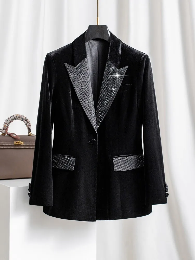 Women Party Luxury Diamonds Spliced Velvet Suit Jacket Single Breasted Loose Fit Office Lady Designer Elegant Blazers Coat Tops